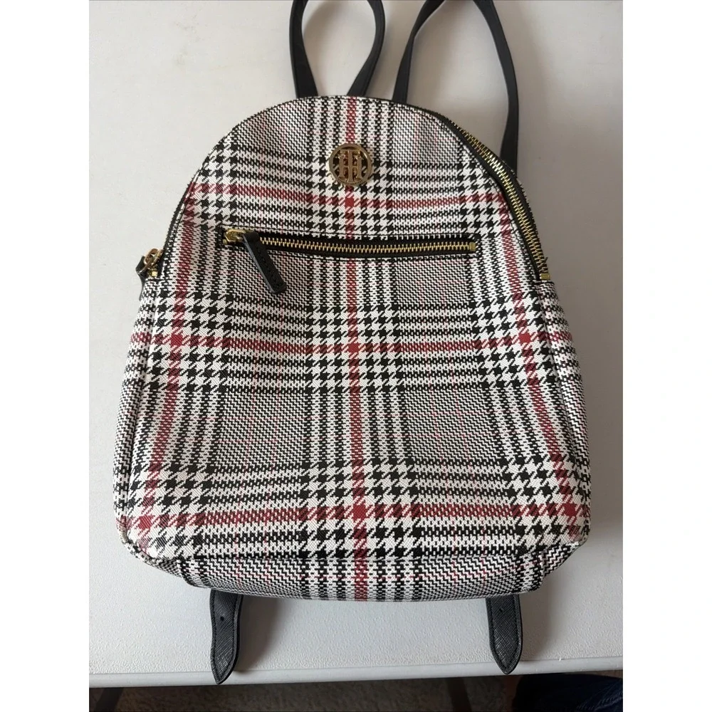 Tommy Hilfiger Women's Black And Red Plaid  Backpack Monogram Printed Logo
